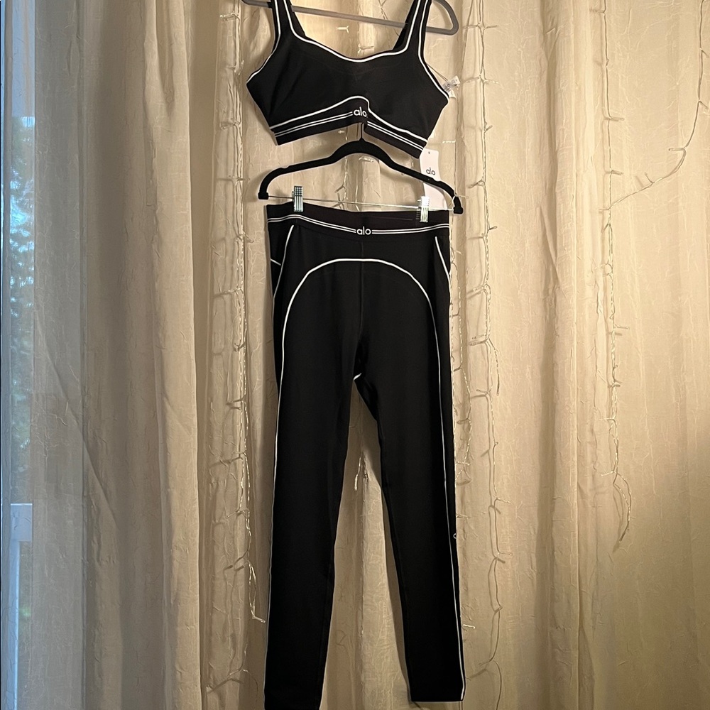 ALO Yoga Black Top & Leggings with White Accents